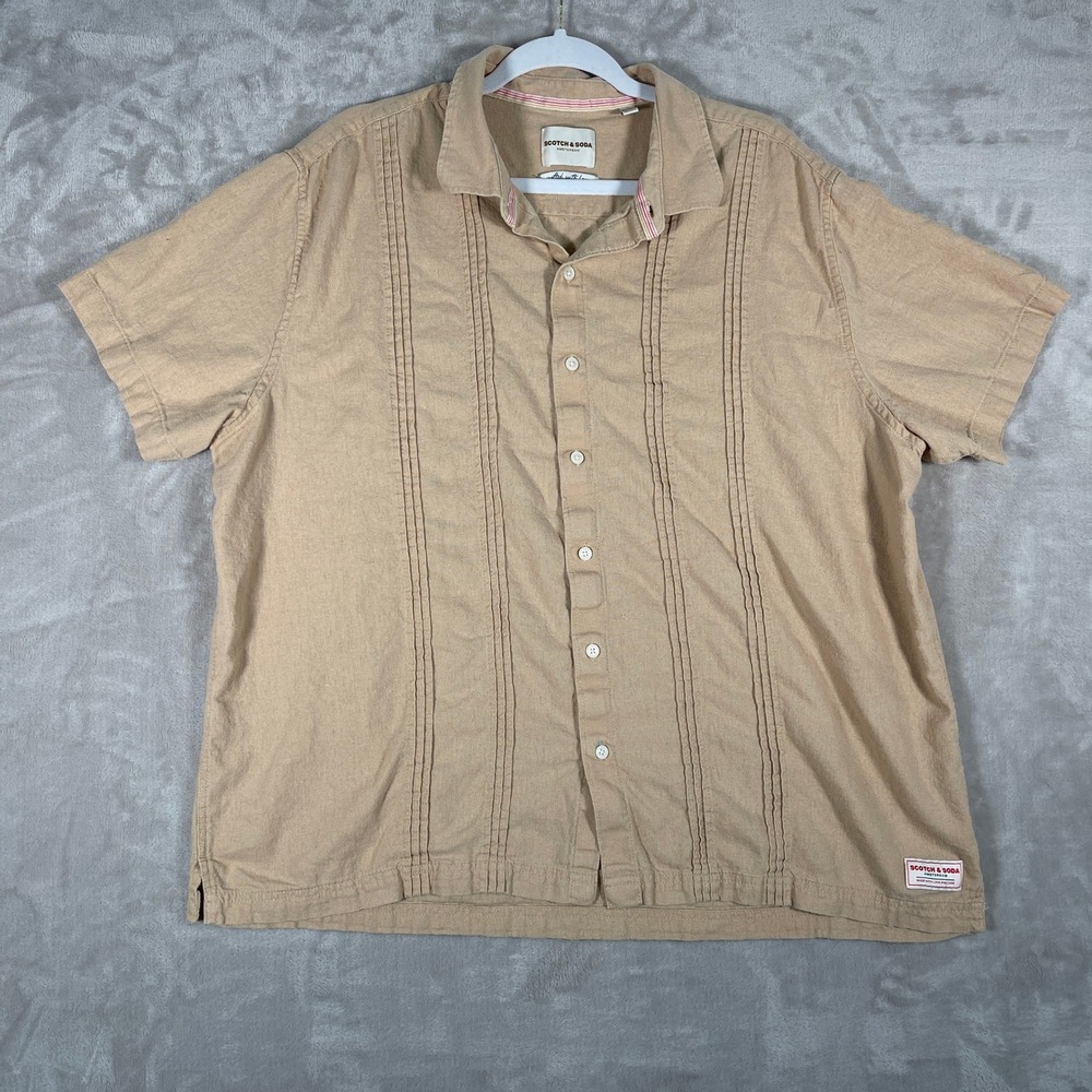 Scotch & Soda Men's Shirt Linen Blend Woven Neutral Coastal Beach XXL Tan